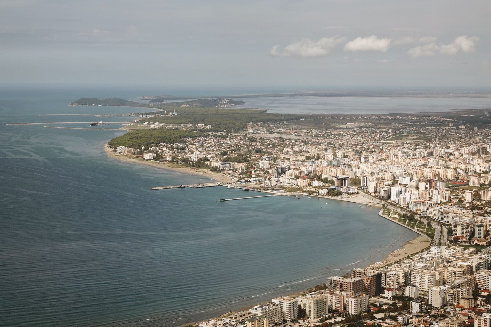 Aerial view of Vlore bay and the city along the coast