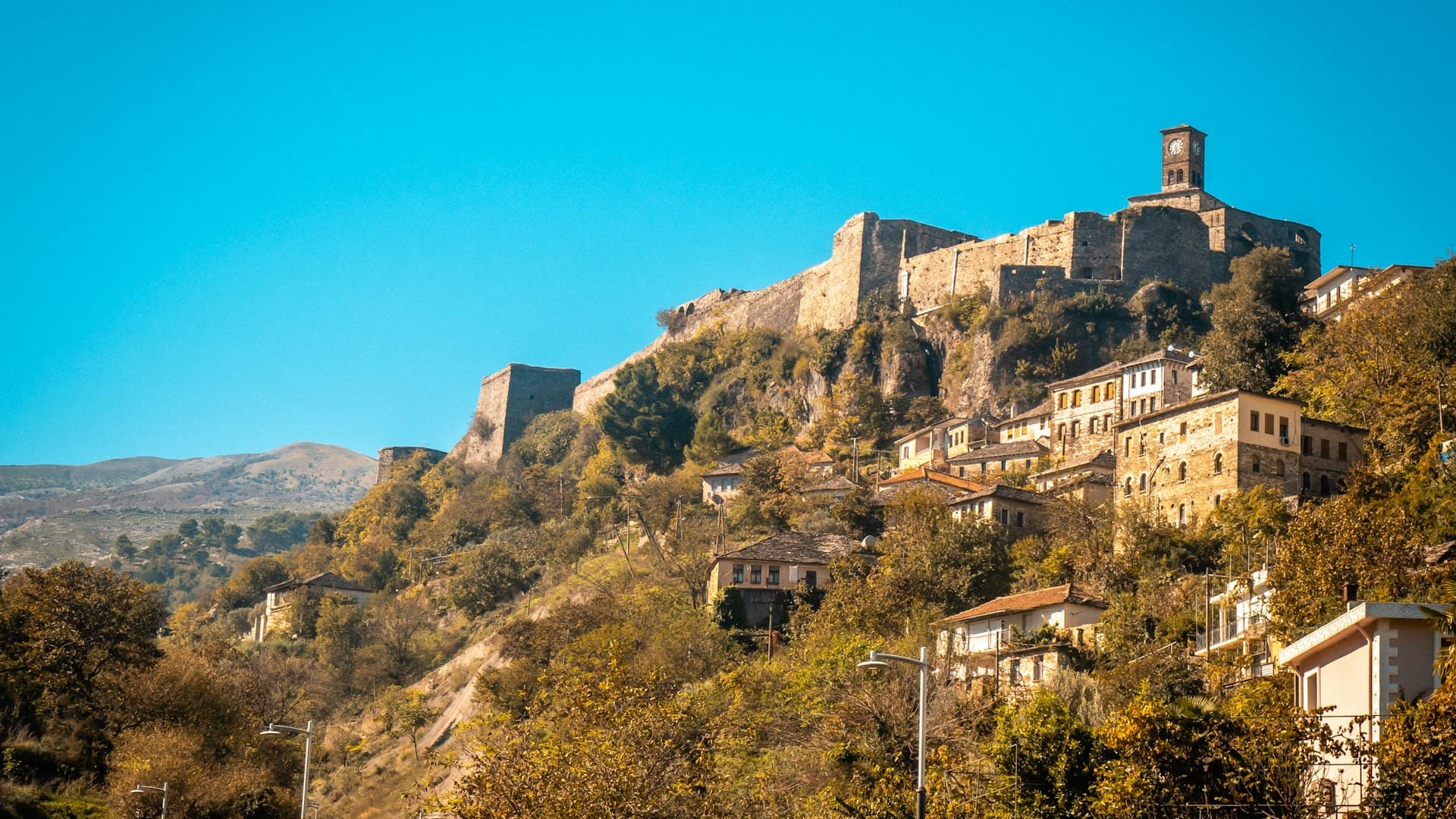 Gjirokaster castle above its stone town