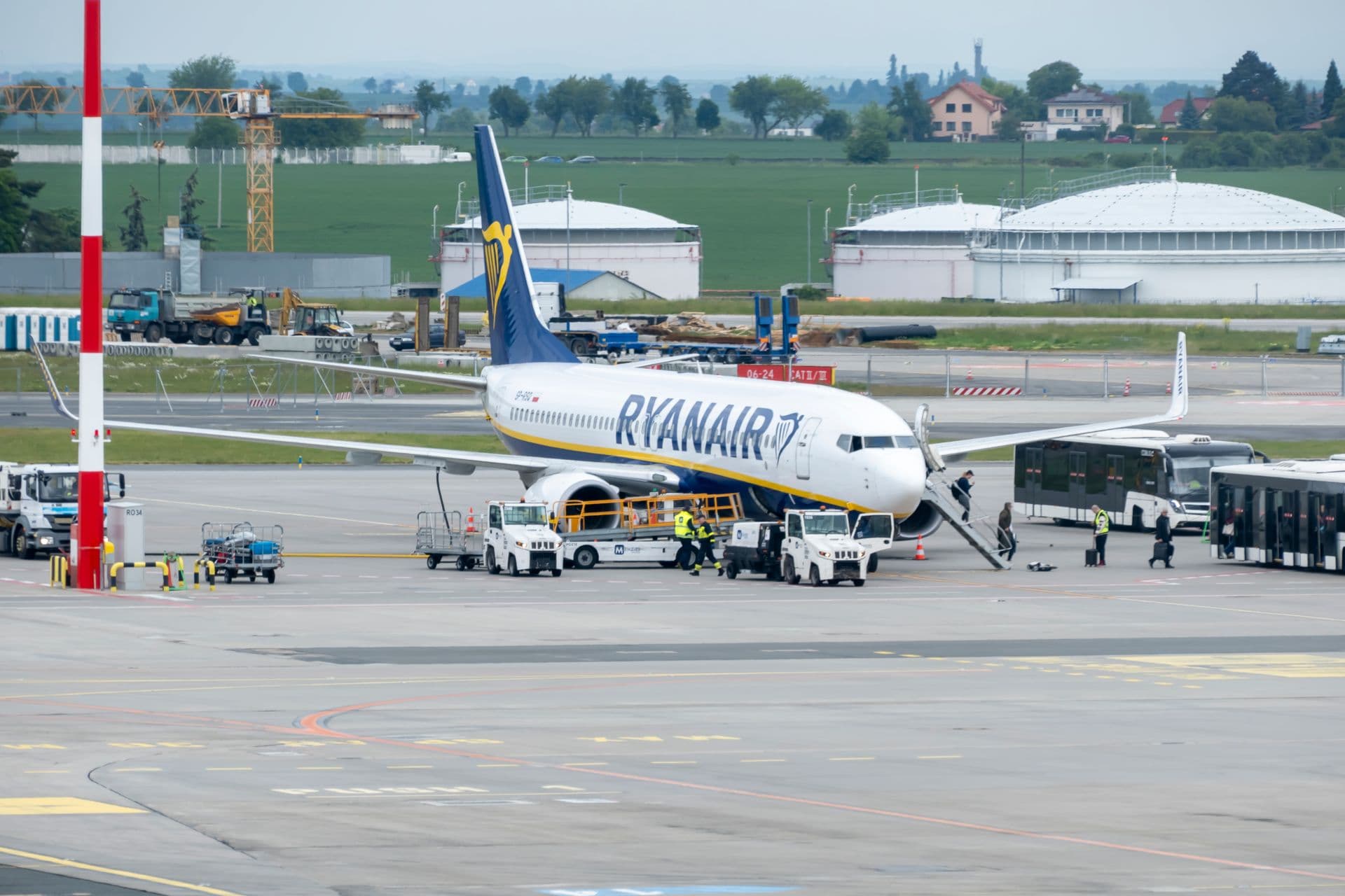 Ryanair aircraft boarding on the tarmac at Tirana Airport